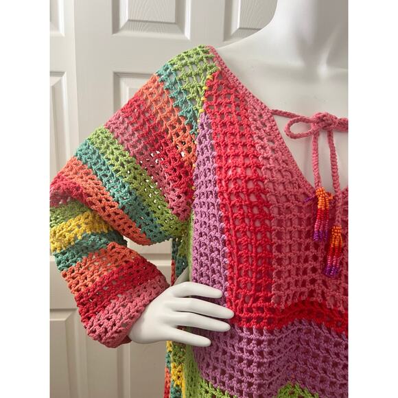 NWOT FARM RIO Striped Multicolor Crochet Dress beaded tassels Cover Up Large - Picture 13 of 16